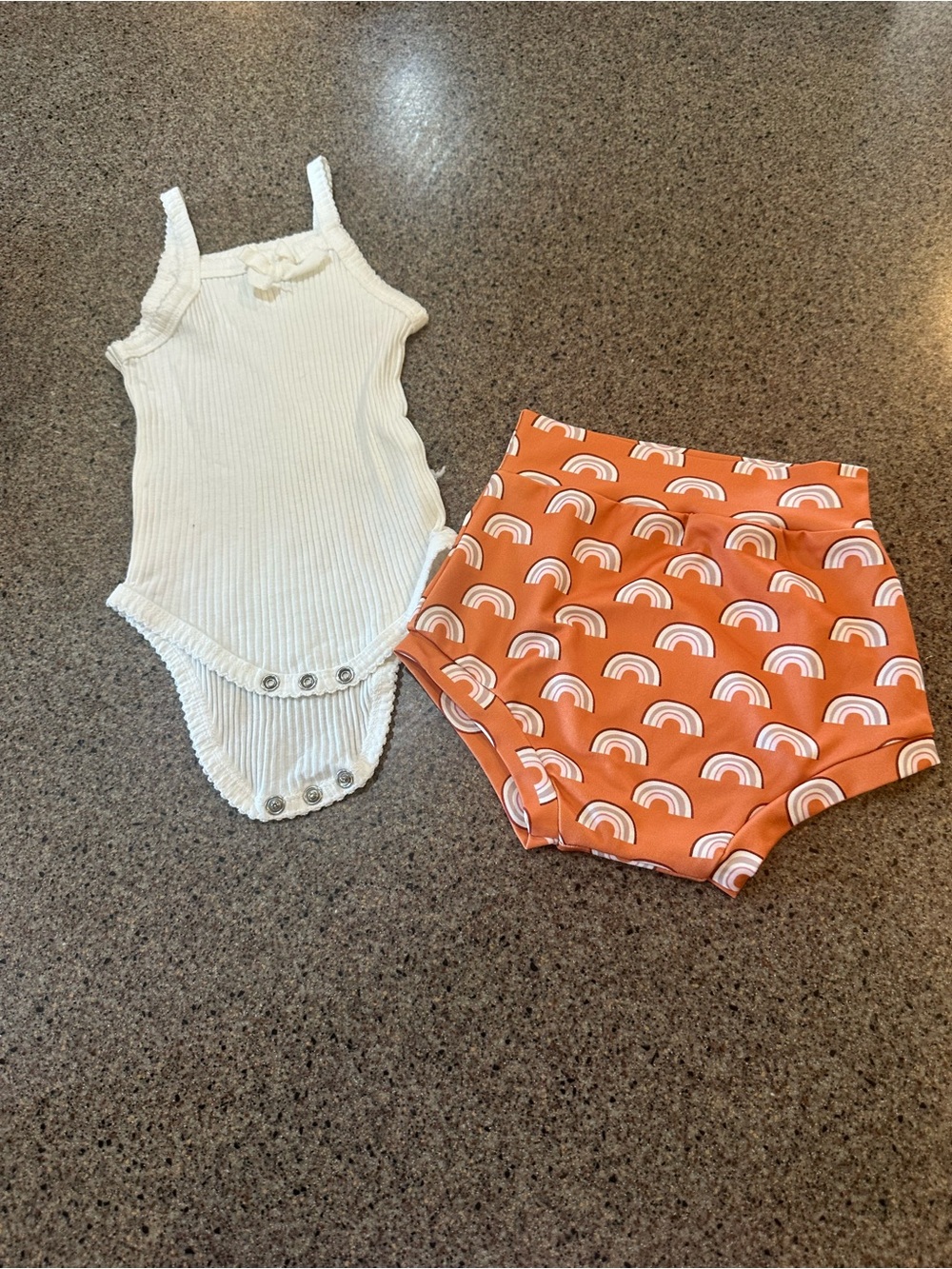 Kids Two-Piece Set - White Ribbed Bodysuit & Orange Rainbow Shorts